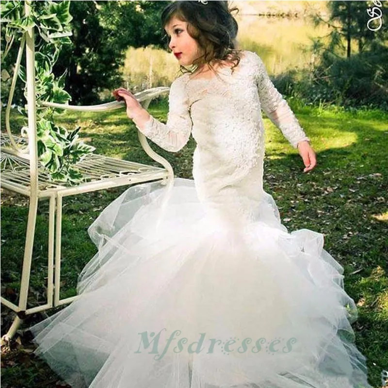 Pretty White Kids Prom Dresses Lace Applique Long Sleeve Mermaid Tulle Skirt Lace Up Back Flower Girl Dresses Formal Wedding party Gown