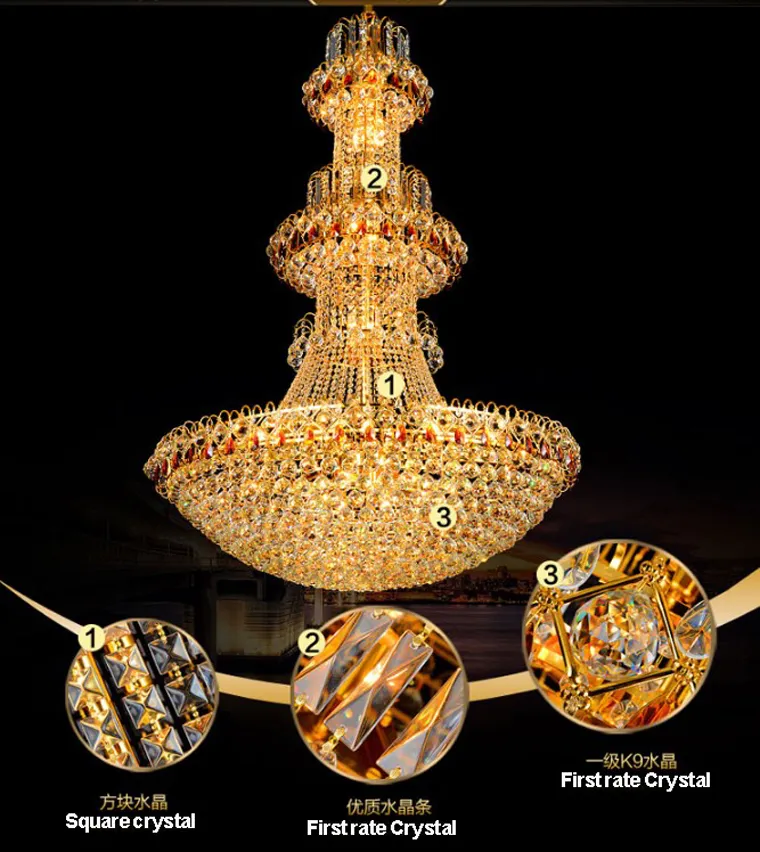 Guldkristall ljuskronor LED-lampa Modern Crystal Chandelier Lights Fixture Hotel Club Home Inomhusbelysning Hängande lampor AC90V-260V
