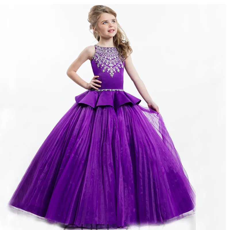 Nieuwe paarse bloemenmeisjes jurken vintage baljurk mouwloze kinderen kralen pailletten optocht eerste communie jurken vestidos