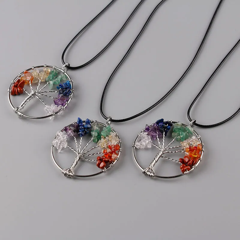 Women Rainbow 7 Chakra Amethyst Tree Of Life Quartz Chips Pendant Necklace Multicolor Wisdom Tree Natural Stone Necklace