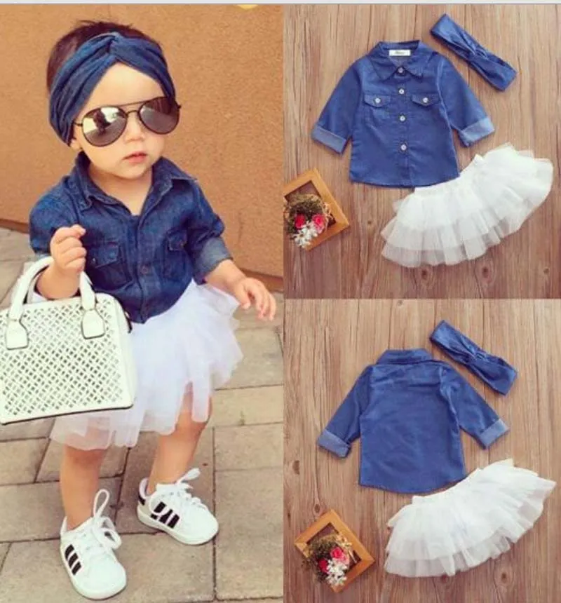 Baby Girl Denim Fashion Set Clothing Children Long Sleeve Shirts Top+Shorts Skirt+Bow Headband 3PCS Outfits Kid Tracksuit