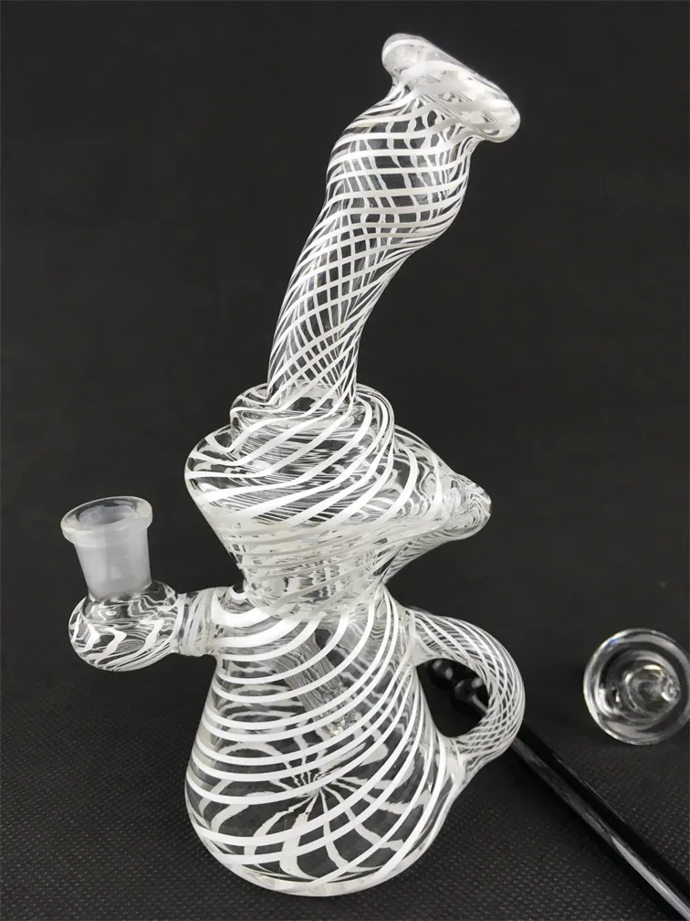 Transparent white stripe recycler, carta glass hookah, oil drill pipe, 14MM joint, factory outlet