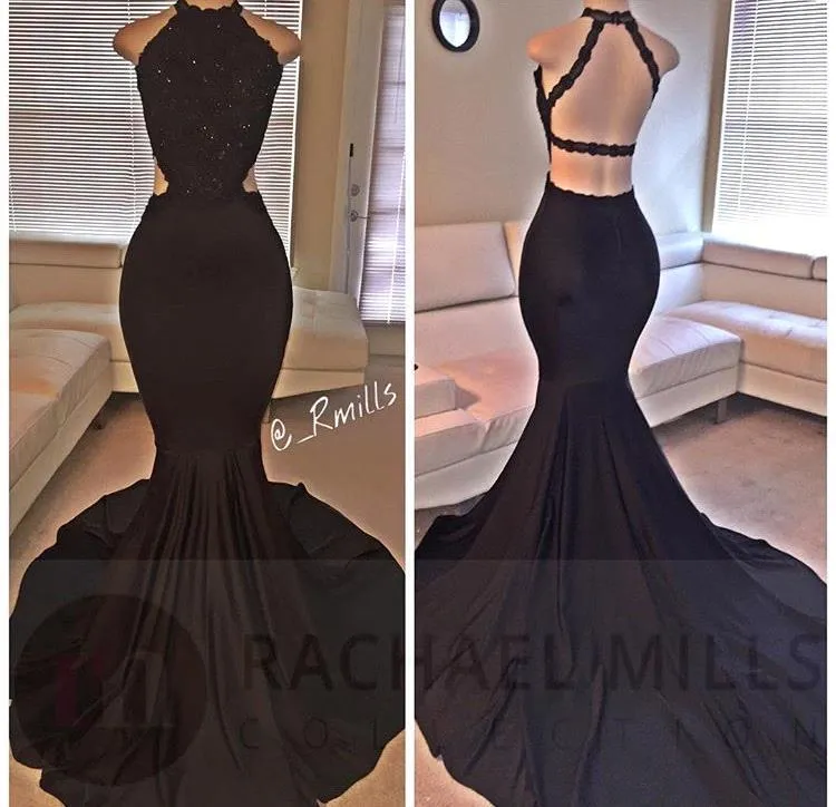 2023 Sexy Black High Neck Satin Mermaid Long Prom Dresses Lace Pailletten kralen backless avond zijsplaraat formele feestjurken