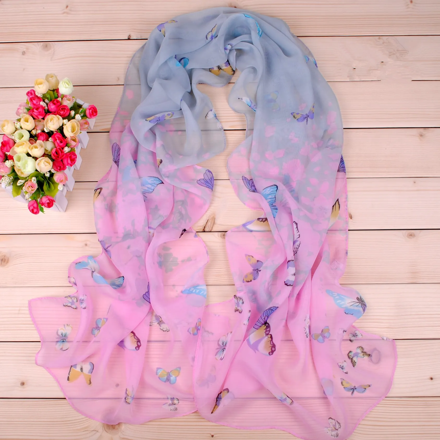 Colorful farfalla sciarpe in chiffon fiore nuovo disegno sciarpa di seta fiore stampa vendita calda pashmina scialle warp fascia all'ingrosso sciarpa GL-SX017