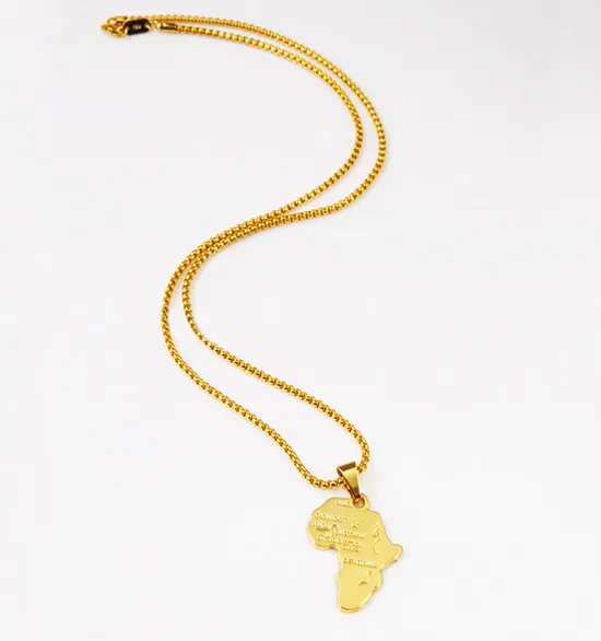 صخرة الهبي الصغيرة الأفريقية خريطة قلادة قلادة 18 كيلو الذهب الحقيقي مطلي سلسلة طويلة القلائد حزب مجوهرات رجالي هدايا