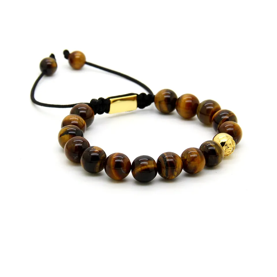 Nouveau En Gros / Hommes Plaqué Or Clair Cz Avec 10mm Tiger Eye Pierre Perles Tressage Bracelet