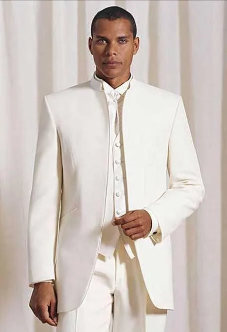 Stand Collar Ivory Groom Tuxedos Groomsmen Men Wedding Suits Best man Suits Prom Dinner Clothing (Jacket+Pants+Vest)