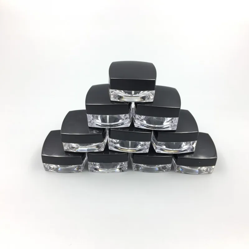 3Gram Plastik Kavanoz Kare Şekli Temizle Pot Siyah Kap Kozmetik Örnek Göz Farı Dudak Balsamı Konteyner Nail Art Parçası Glitter Şişe
