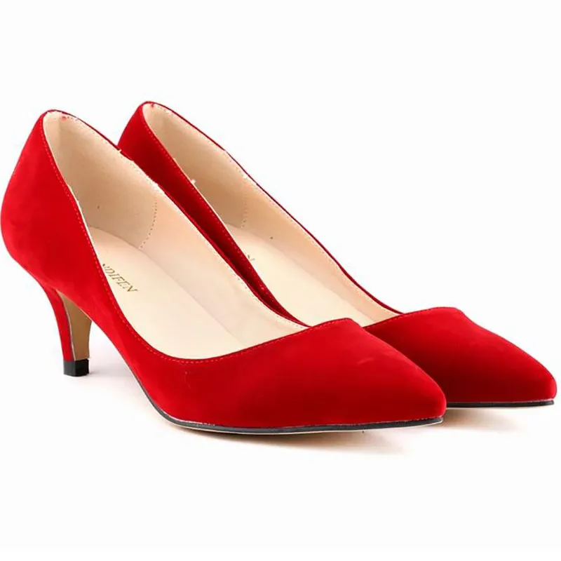 플러스 사이즈 6 cm 로우 힐 여성 펌프 포인트 발가락 여성 캐주얼 오피스 신발 신부를위한 스웨이드 섹시한 웨딩 신발