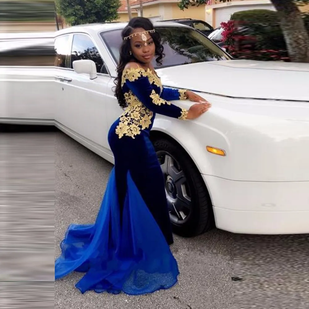 Royal Blue Off Shoulder 2k17 Prom Dresses With Gold Lace Appliques Long Sleeve Mermaid Evening Gowns African Chiffon Train Party D212a