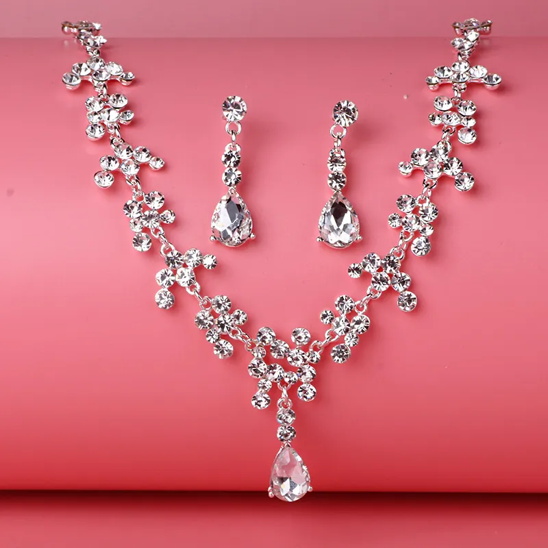 Beauté argent fleur perles collier de mariée diadème boucle d'oreille costumes 3 pièces bijoux costumes mariage bijoux de mariée P4190031800829