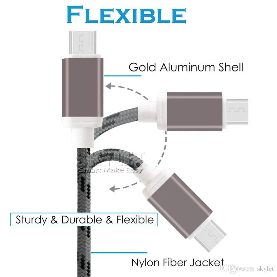 Nylon flätade USB -laddningssladdar 1m 2m 3m USB C Typ C MIRCO V8 Kablar Färgglada 56K Ohm Motståndskabel för iPhone Android -mobiltelefoner utan paket