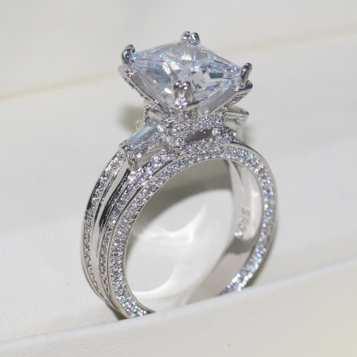 Vecalon kadınlar büyük mücevher yüzüğü prenses kesim 10ct elmas taş 300pcs cz 925 sterlin nişan alyans hediyesi