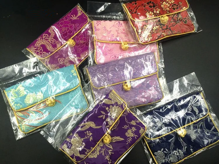 Chinese knoop zijden brokaat kleine zakjes tas met rits sieraden pouch portemonnee cadeau verpakking creditcardhouder case opbergtas 2 stks / partij