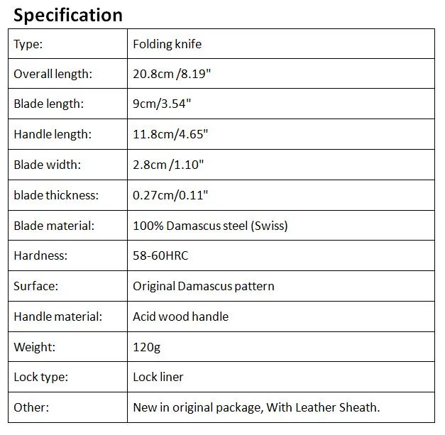 스위스 다마스커스 강철 접는 나이프 Natual Acid Wood 핸들 EDC 포켓 나이프 가죽 칼집