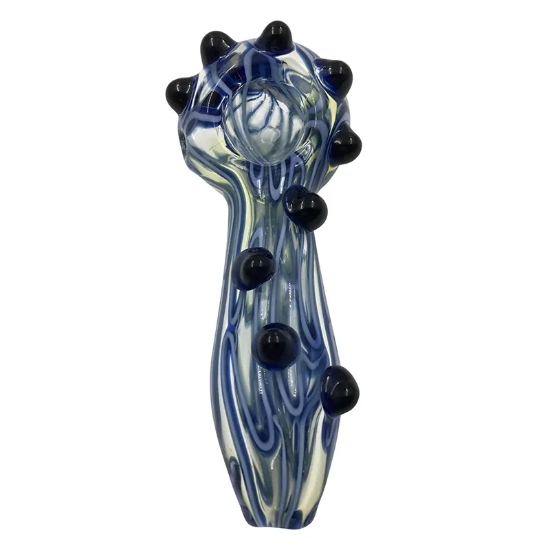 Pipe cuillère fumée élégante à l’envers avec double fritte à rayures bleues et marbres noirs - Pipes à fumer en verre