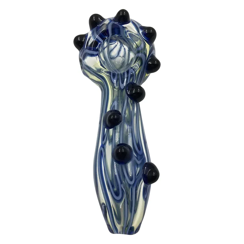 Cachimbo de colher fumegante elegante do avesso com frita de listra azul dupla e bolinhas pretas - cachimbos de vidro