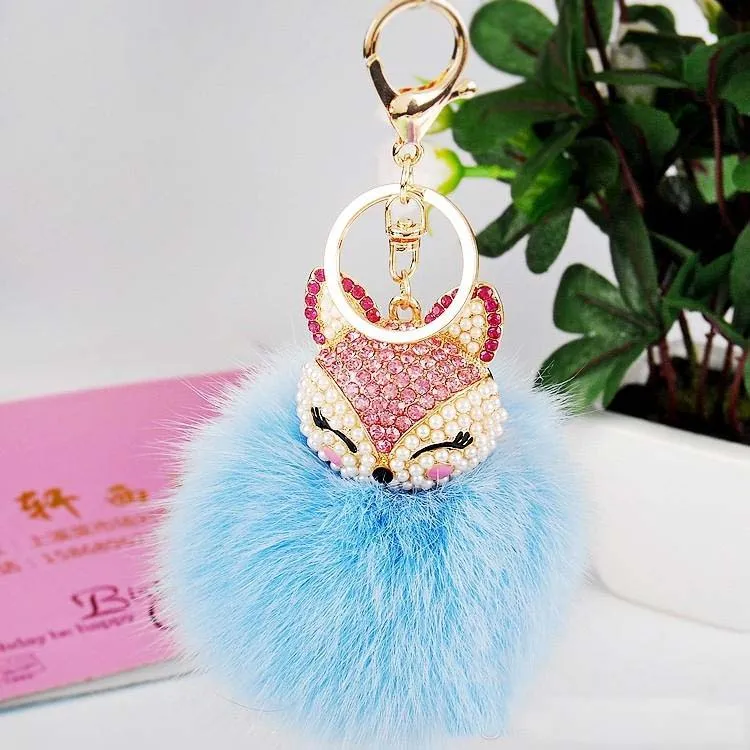Cute Rhinestone Fox Fox Keychain With Real Rabbit Fur Ball Available ...