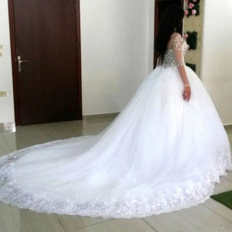 Robes de mariée en tulle perlé de cristal Illusion Jewel Sheer Manches longues Appliques Robes de mariée sur mesure Luxe Said Mhamad Robes de mariée