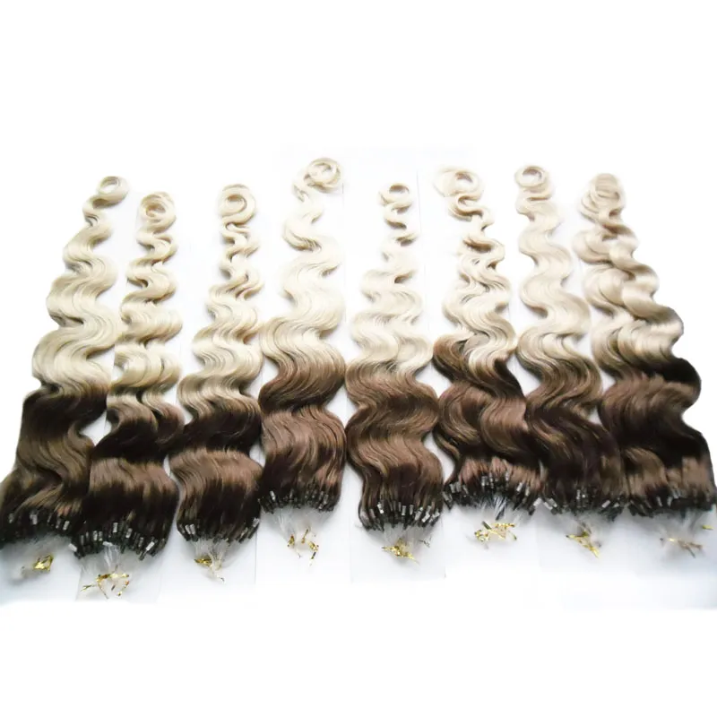 Micro loop human hair extensions body wave T4/613 two tone ombre brazilian hair 800g micro loop hair extensions