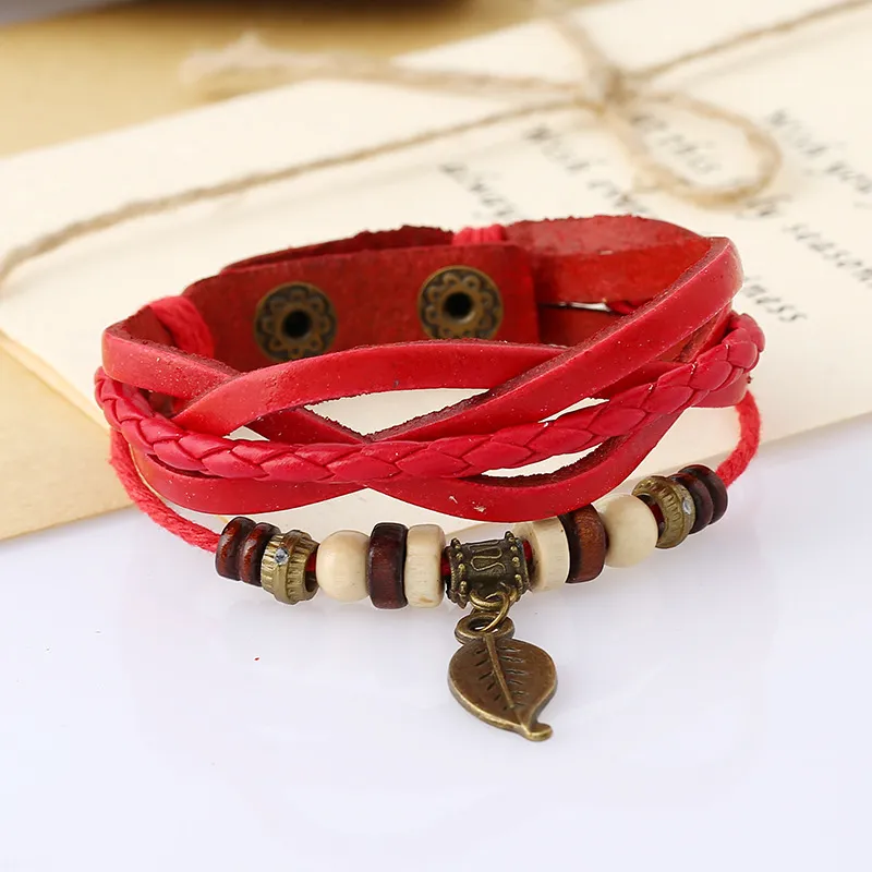 Livraison gratuite Nouveau bracelet en cuir pendentif feuille vintage tissé bracelet en cuir personnalisé FB065 ordre de mélange 20 pièces beaucoup Bracelets de charme