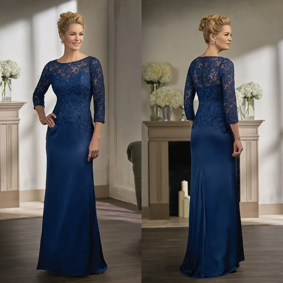 Abiti per la madre della sposa in pizzo blu navy con maniche lunghe, collo gioiello, abito da sposa, lunghezza del pavimento, abiti da sposo per la madre