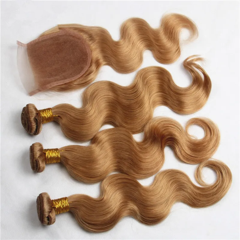 Braziliaanse Honing Blonde Body Wave Haar Weefsels met Kantsluiting 27 Aardbei Blonde Menselijk Haarbundels met Three Middle 3 Deel Bovenste sluiting