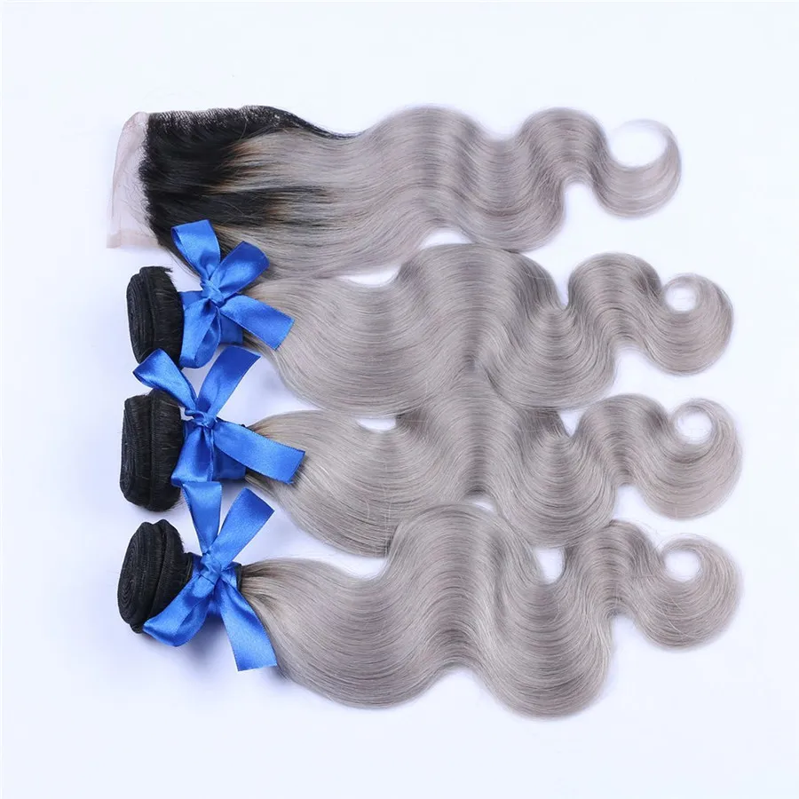 Ombre Trama Do Cabelo Humano Weave Onda Do Corpo 1B / Cinza 7A Brasileira 3 Pacotes Com Laço Top de Fechamento de Prata Extensões de Cabelo 10-30 polegada