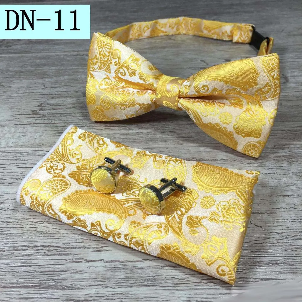 New Design Self Bow Tie And Hanky & Cufflinks Set Silk Jacquard Woven Men Butterfly BowTie Pocket Square Handkerchief Suit Wedding