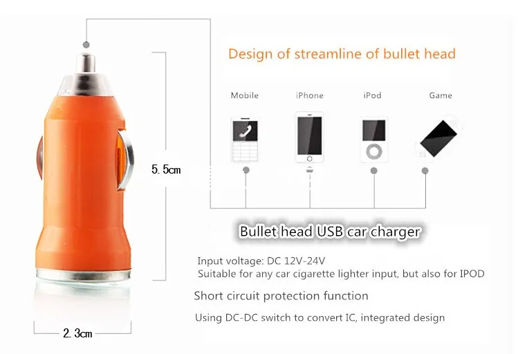 USB Araç Şarj Renkli Bullet Mini Şarj Tüm Cep Telefonu için Taşınabilir Yürütücü Evrensel Adaptörü