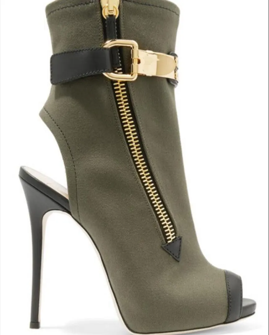 2017 verão ankle boots exército verde sandálias de couro botas mulheres peep toe botas lado zip mujer botas de volta sapatos de festa de salto fino aberto