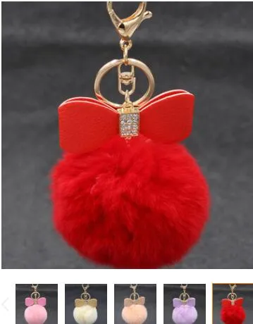 Bowknot Fur Pom -keychain Real Rex Rabbit Fur Ball Ball Chains Fur Key Ring Bead Chain for Bag 286e