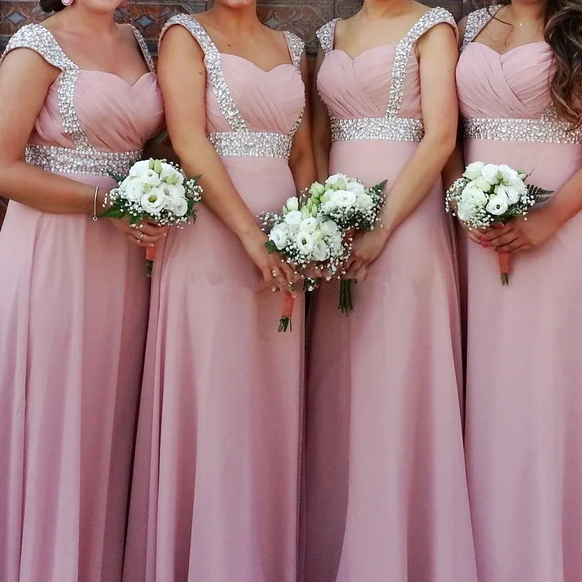 Elegant Sweetheart Chiffon Bridesmaid Dresses Pink Ruched Ärmlös Zipper Backless Long Prom Klänningar 2017 Billiga Bröllop Gästfestklänning
