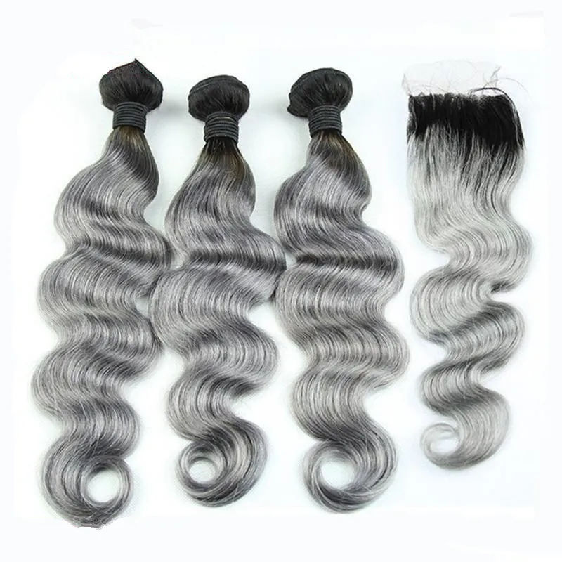 8A Grade Peruvian Grey Hair Weave med stängning Body Wave Två ton Ombre 1B Silver Grey Ombre Mänskliga Hårbuntar och Snörningar