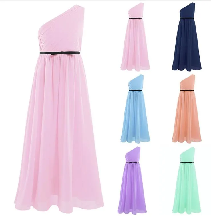 Vestido Longo Chiffon One-shoulder Pleated Dress Flower Girls Maxi Dresses for Party and Wedding Kids Junior Bridesmaid Dress Evening Gowns