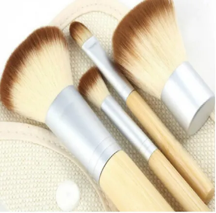 Partihandel-Naturliga bambuhandtag Makeupborstar Set Kosmetik Verktyg Kit Blush Borstar med linne Väska Gratis frakt