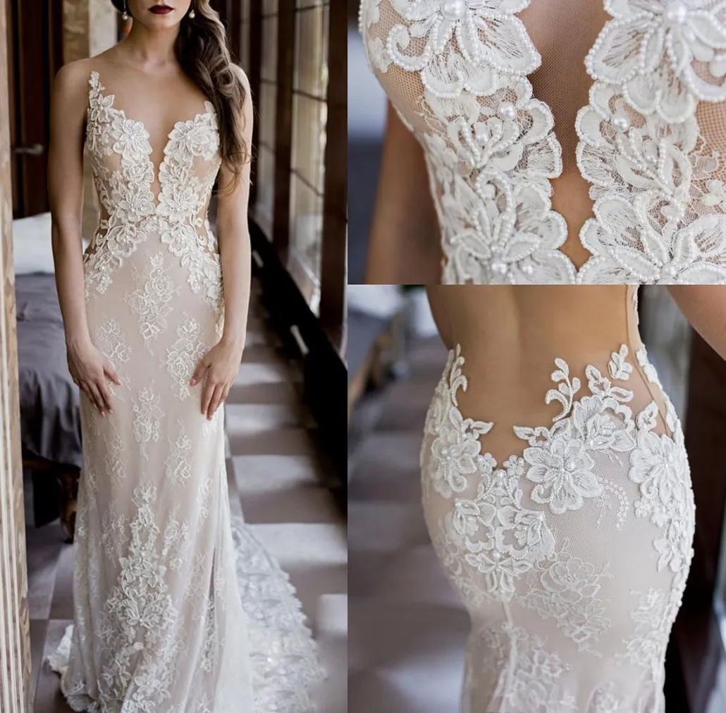 2016 Modest Fit and Flare Wedding Dress Sexy Sheer Bling Pearls Lace Applique Jewel Neck Elegant Ivory Mermaid Illusion Country Bridal Gowns