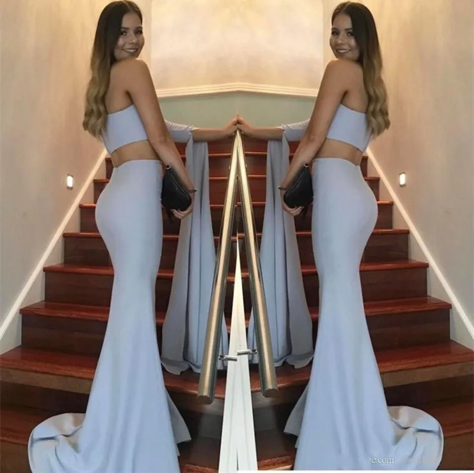 New Sexy One Shoulder Mermaid Long Evening Dresses Two Pieces Satin Zipper Back Formal Evening Gowns Prom Dress Robe De Soiree