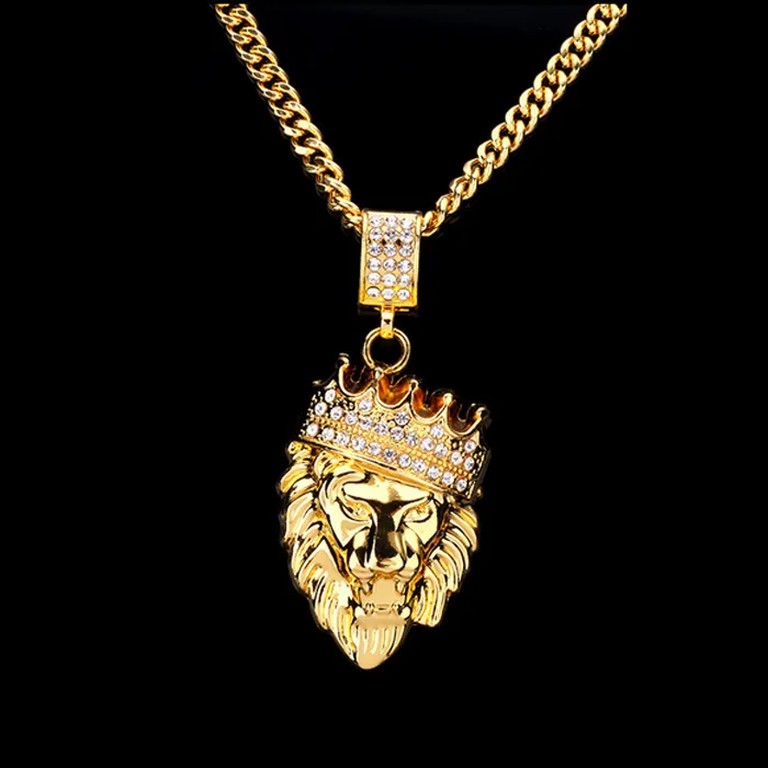 Personalized Crown Lion Head Pendant Necklace for Men Long Chain Necklace 14K Gold Plated Rhinestone Hip Hop Jewelry Party Gift