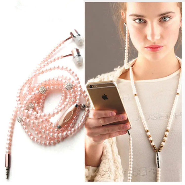 Luxury Bling Diamond Earphones Pearl Necklace Chain Stereo In-Ear Headphone With Mic For iPhone 7 6s Plus Samsung Galaxy HTC LG