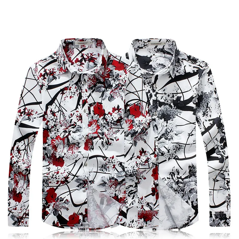 Atacado - Homens Camiseta 2016 Nova Moda Moda Impresso Floral Camisa Manga Longa Mens Vestido Camisas Casuais Camisa Social Camisa Masculina 5xl