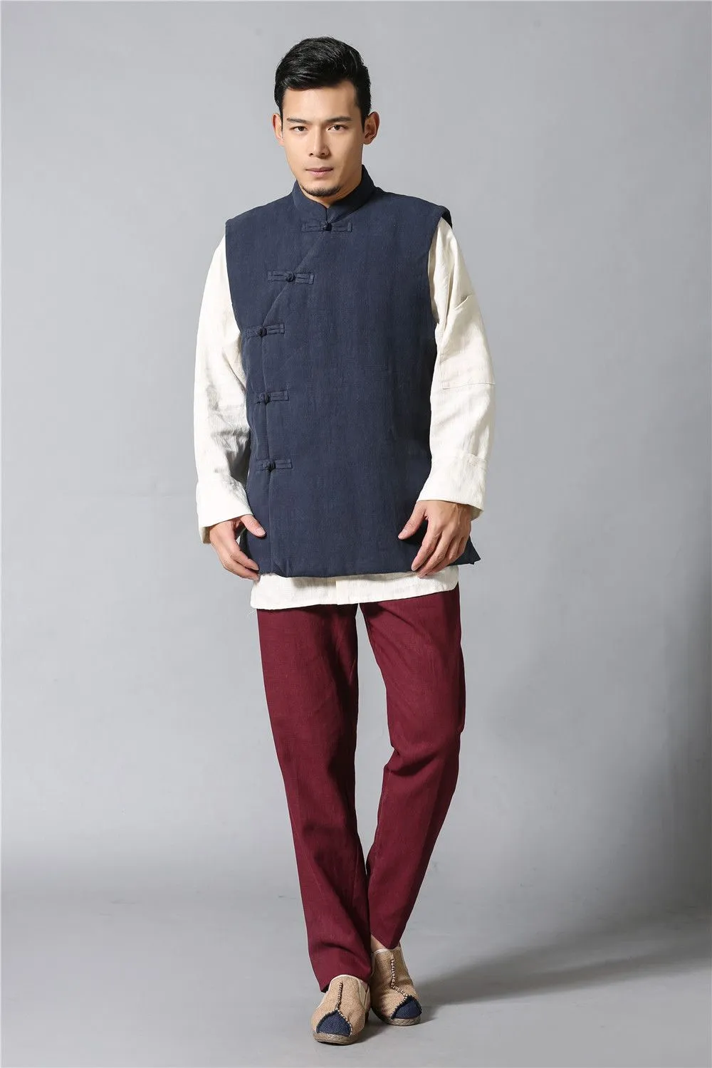Wholesale- Chinese style vintage pure linen Vest Autumn Winter Padded Cotton Waistcoat Single Breasted Sleeveless Coat Men colete 72303
