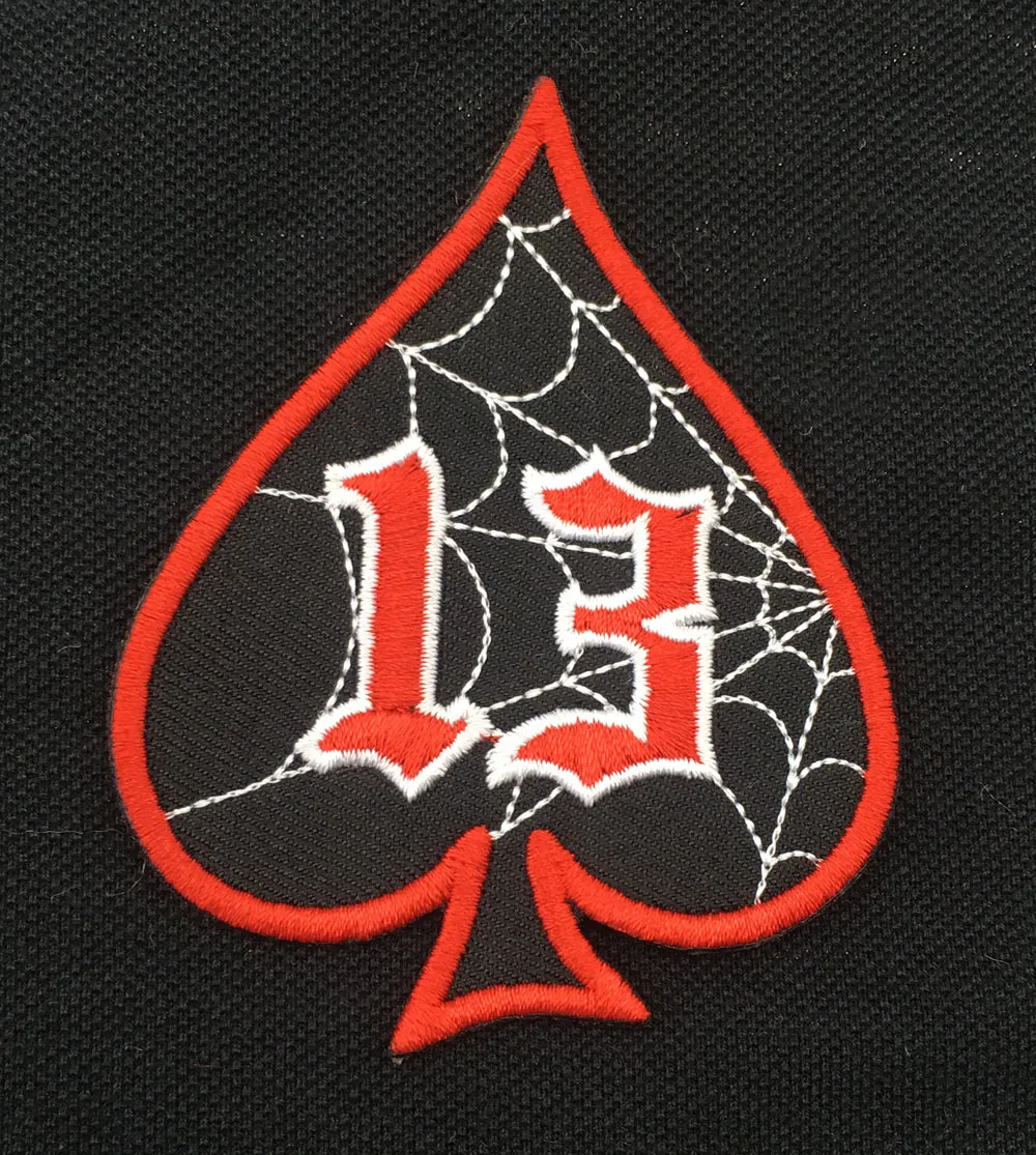 Top Quality 13 Ace Of Spades Patch motociclisti ricamata Iron On Backing Jacket Impostazione Patch Spider Web Ace Emblem Patch fai da te G04422225