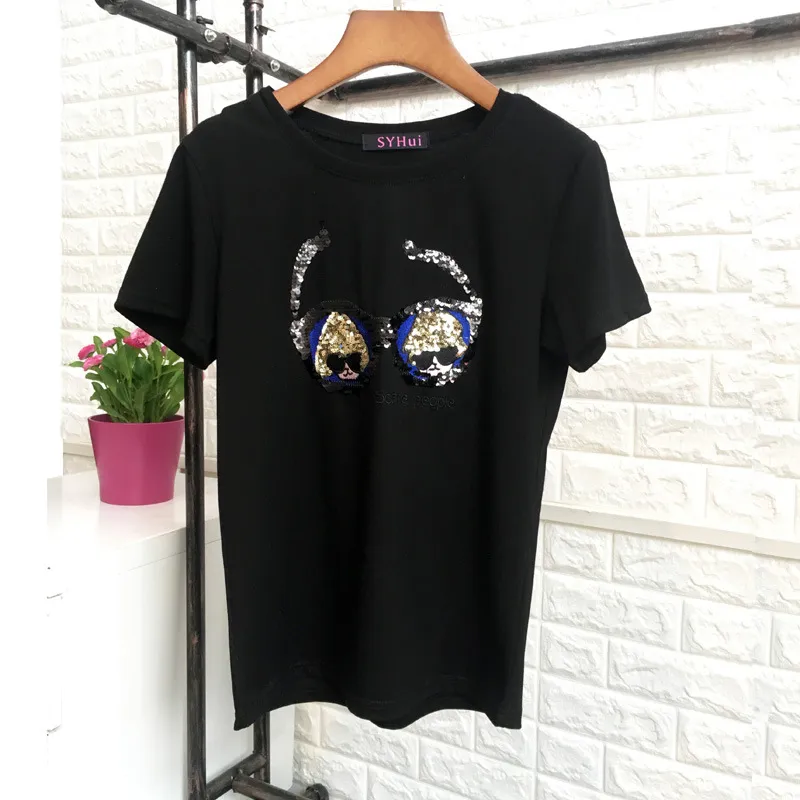 Women Girls Fashion Short Sleeve Sequins Glasses Printing YQ Casual Leisure Fittness Blouse Tees Tops 