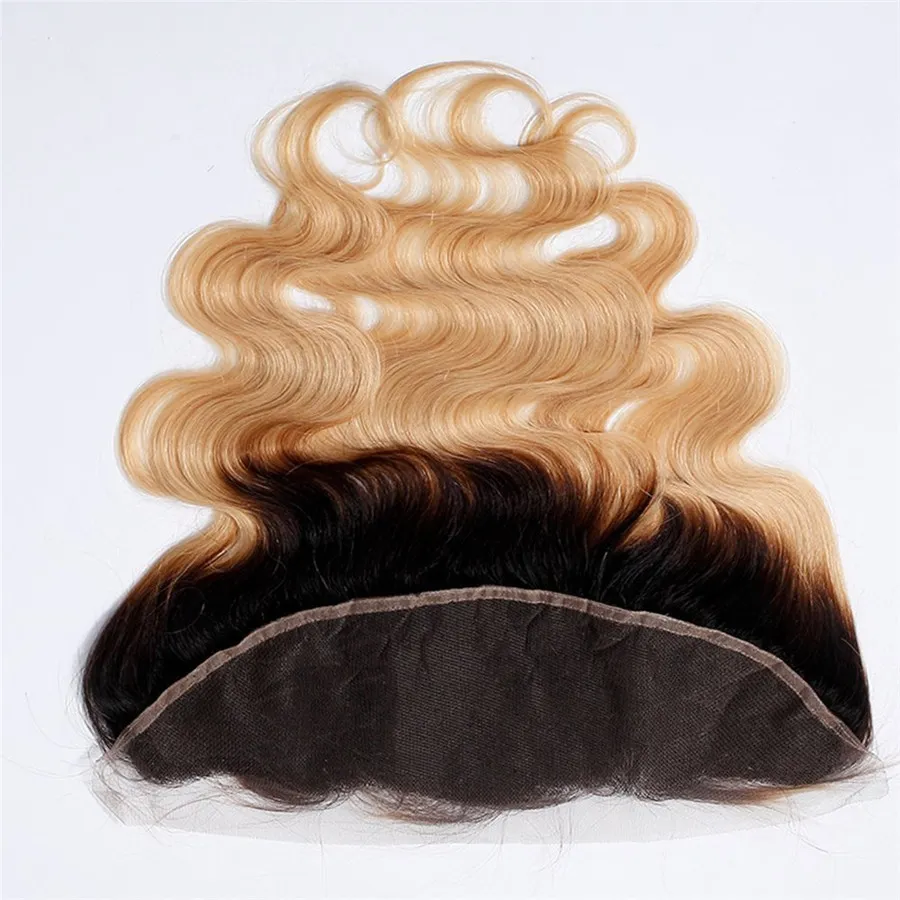 1B 27 Miod Blond Ombre Brazilian Virgin Body Wave Wave Human Hair Weave Bundle z ciemnymi korzeniami jasnobrązowy ombre 13x4 koronkowy czołowy 1649722