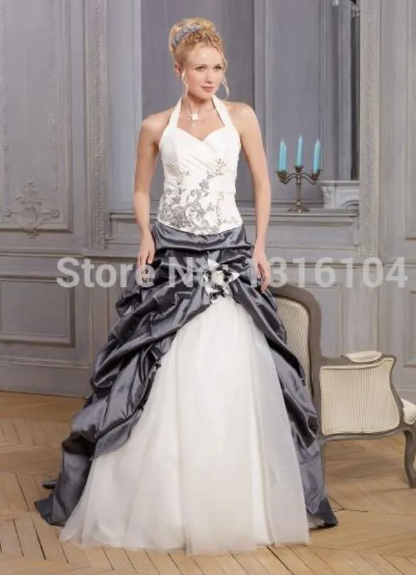 저렴한 흰색과 회색 두 톤 컬러 웨딩 드레스 컬러 라인 스윕 기차 긴 거품 호박단 고삐 신부 가운 비 화이트