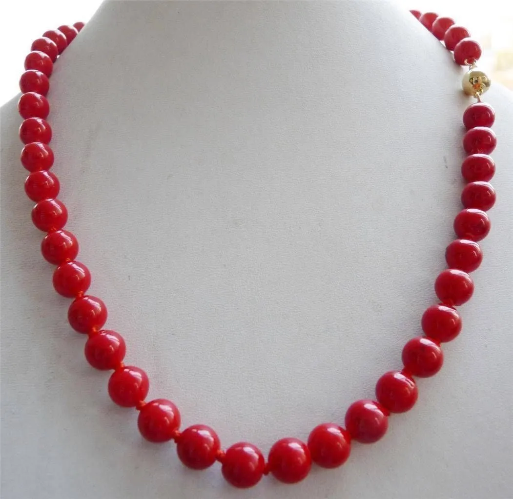 14K Solid Gold Clipp 8mm Red Sea Coral Gems Naszyjnik Round Bead 18 "FK001