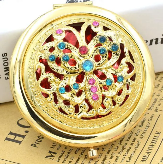 Chic Retro Vintage Gold Metal Pocket Mirror Compact Cosmetic Retro Mirrors Crystal Studded Portable Makeup Beauty Tools7011196