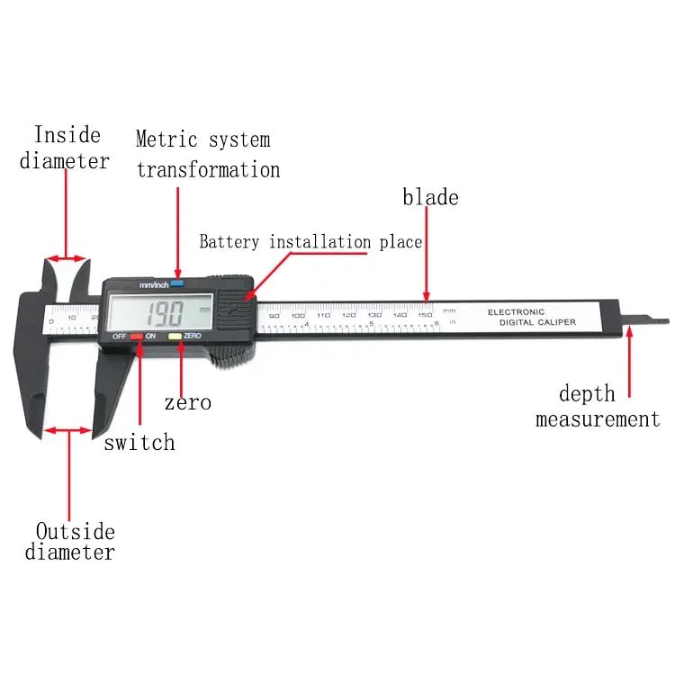 새로운 도착 150mm 6 인치 LCD 디지털 전자 탄소 섬유 버니어 캘리퍼스 게이지 마이크로 미터 측정 도구