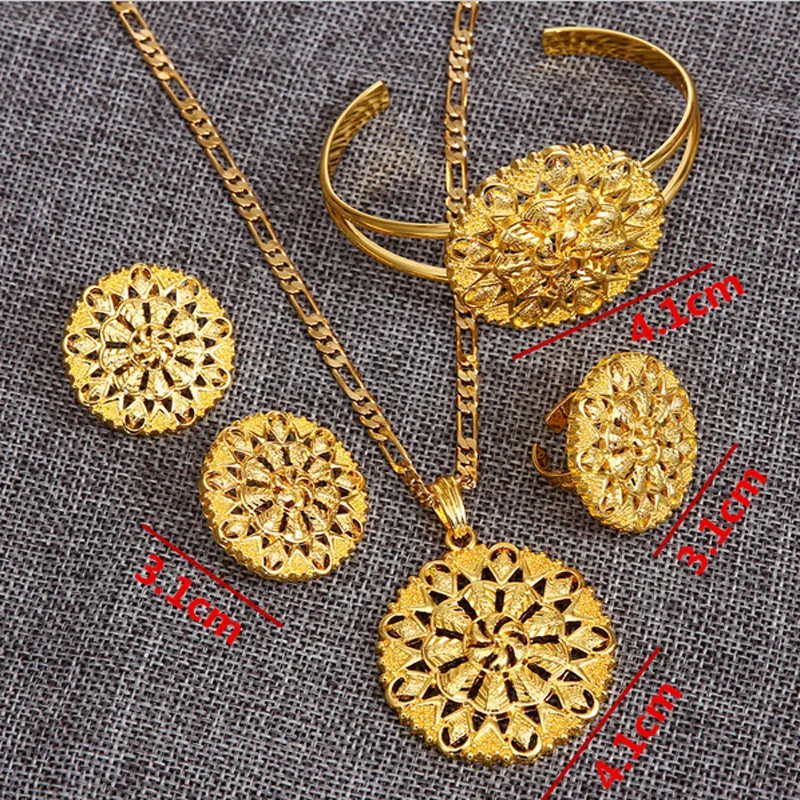 Äthiopisches Feinschmuckset Pfannkuchen 24k Echt Gelb Massivgold GF Anhänger Kette Ohrring Ring Armreif Große Blume Schmuck Eritrea Habesha Wedd